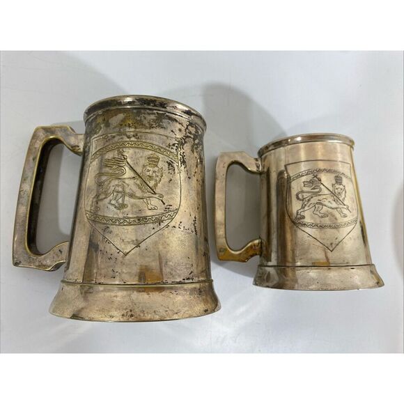 Antique Pair Silverplate British Stein Tankard Hand Etched Lion Crest Guild - Picture 2 of 15